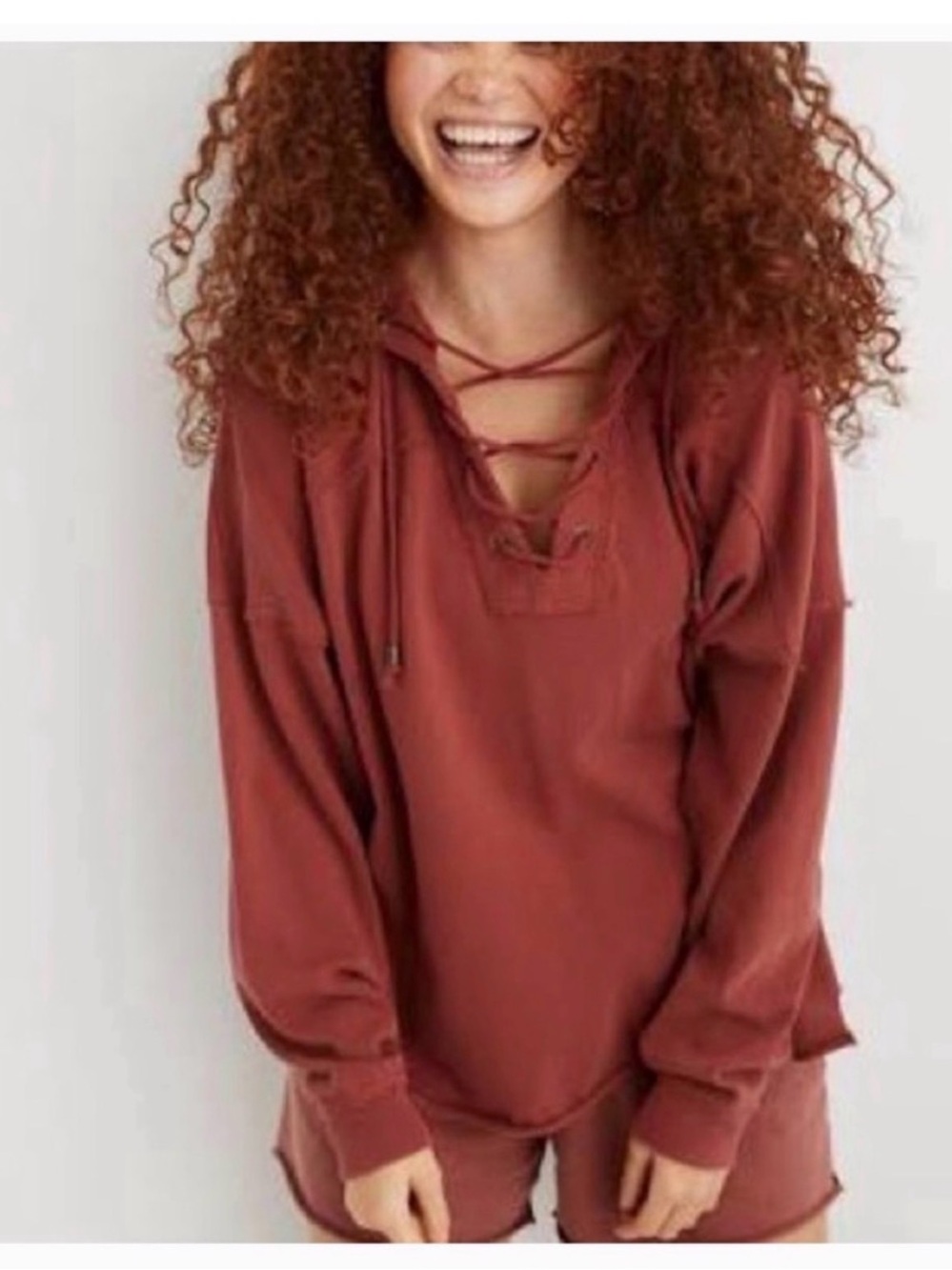 Aerie Washed Rust Orange Oversized Exposed Seam Lace Up Pullover Hoodie XS